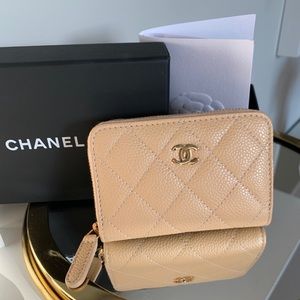 New Chanel Classic Zipped Coin Purse Light Beige